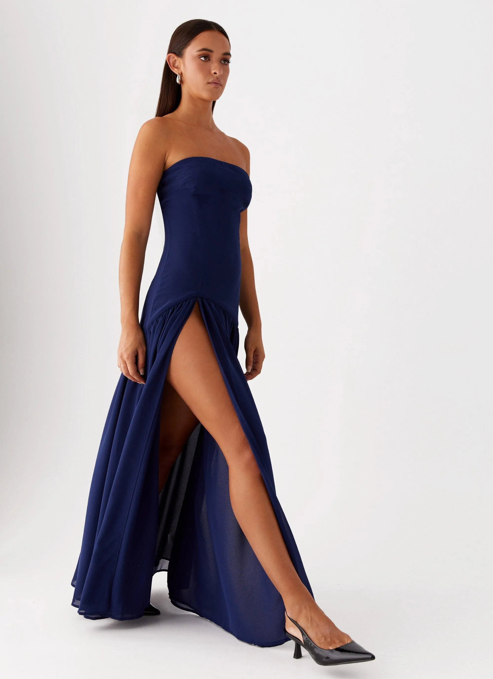 Ruffle Detail Eden Strapless Maxi Dress - Navy