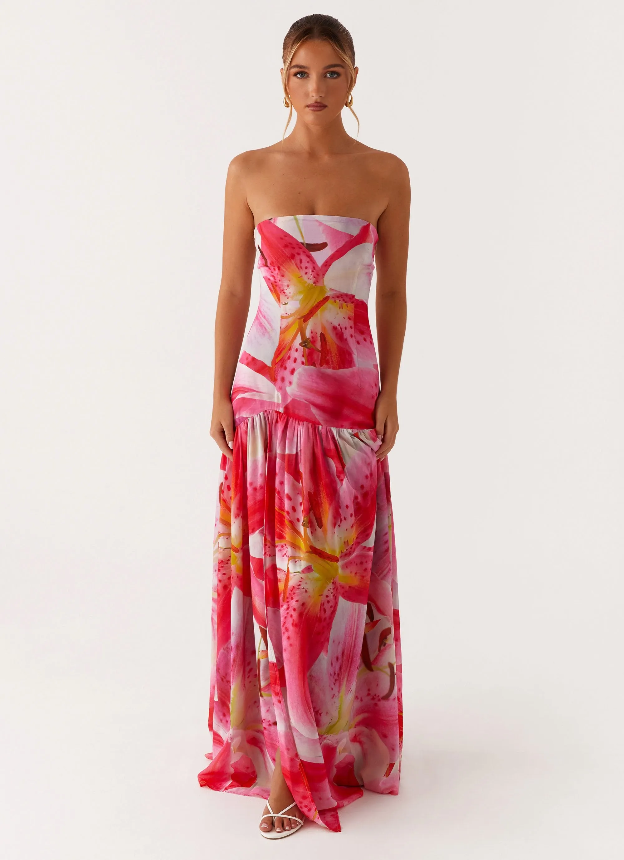 Eden Strapless Maxi Dress - White Pink Lilly Smocked-Detail