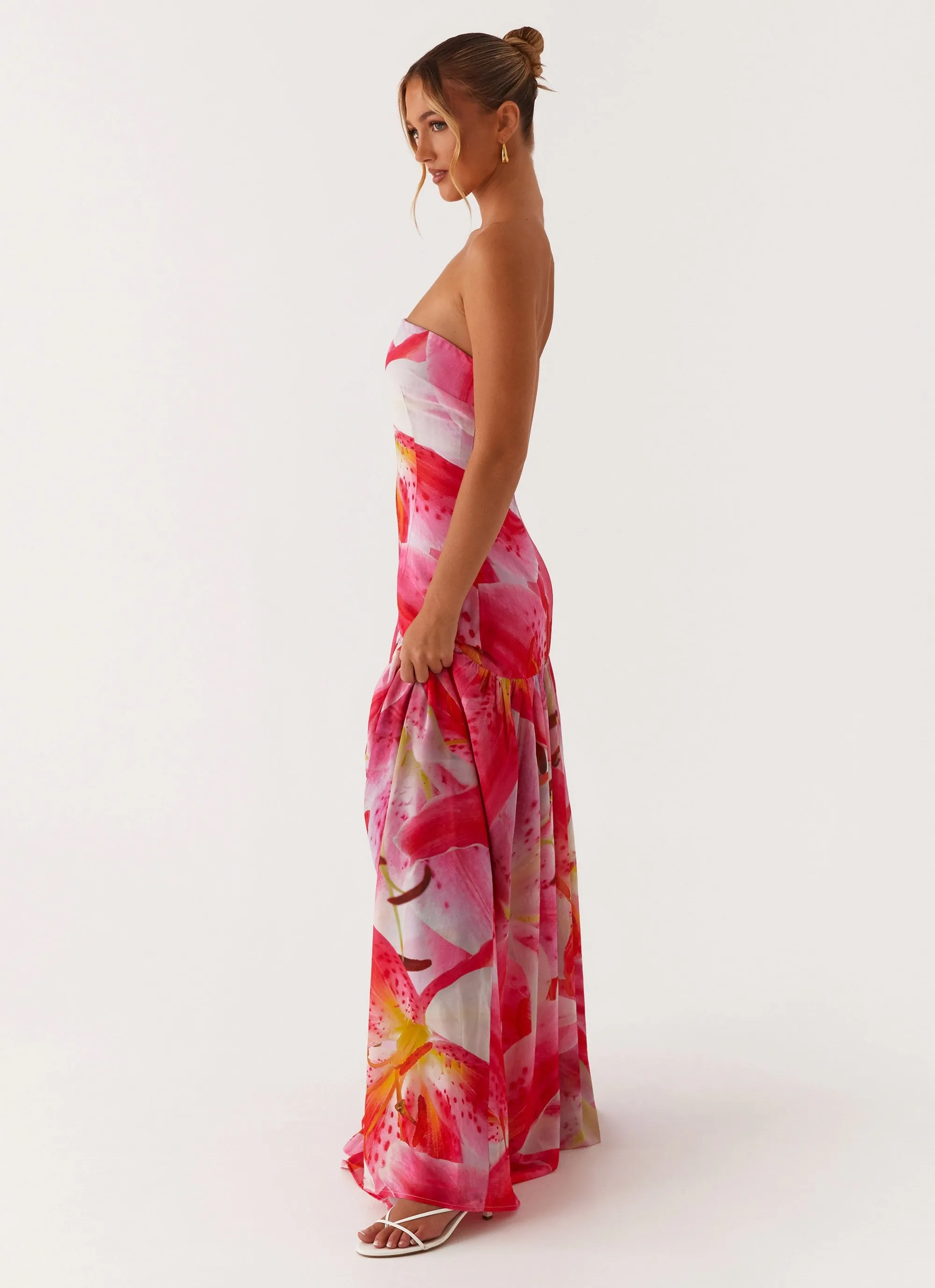 Eden Strapless Maxi Dress - White Pink Lilly Art Spirit Convertible-Style