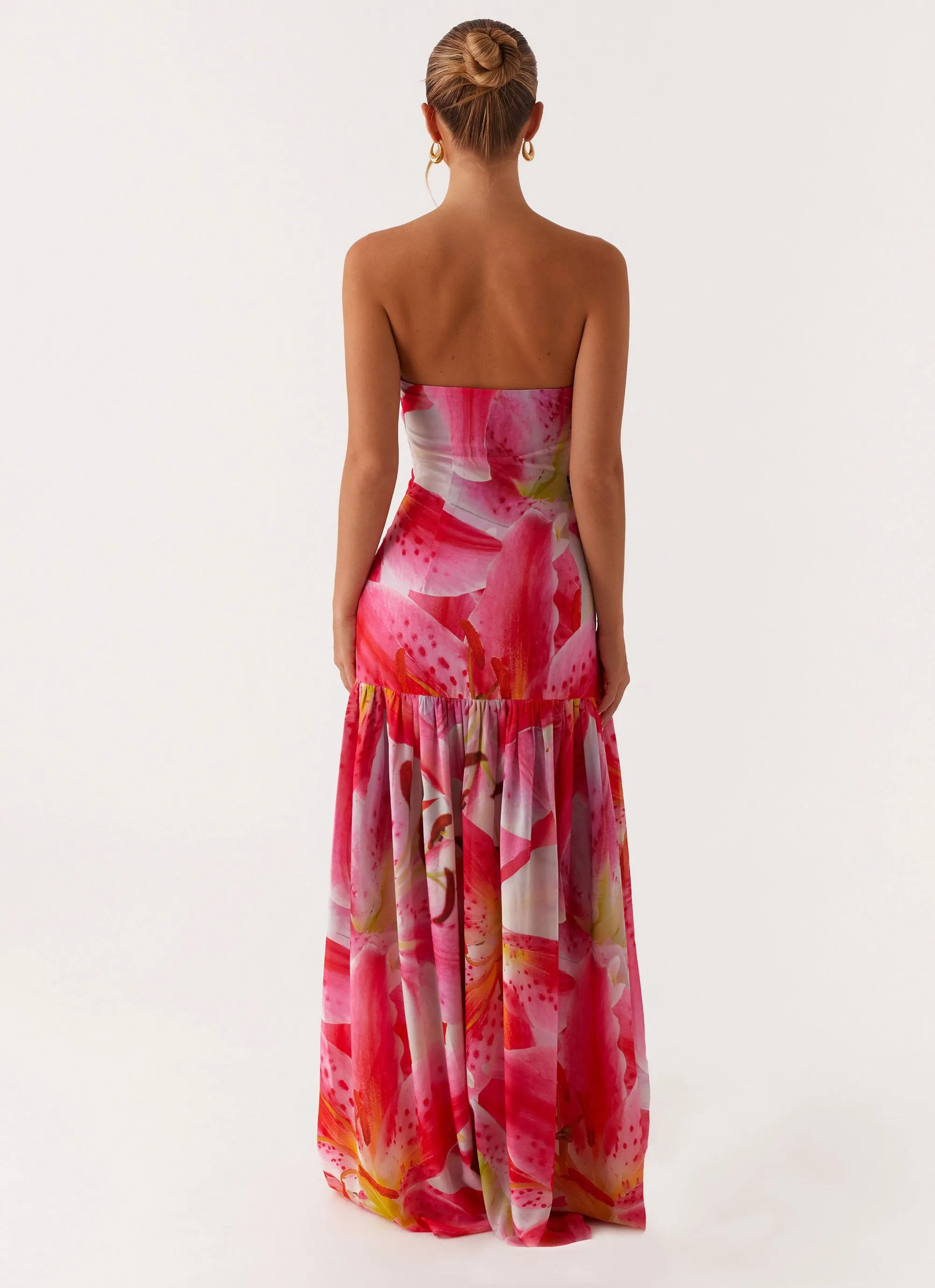 Eden Strapless Maxi Dress - White Pink Lilly Front Ruffle Minimal Touch