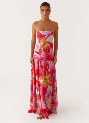 Eden Strapless Maxi Dress - White Pink Lilly Smocked-Detail