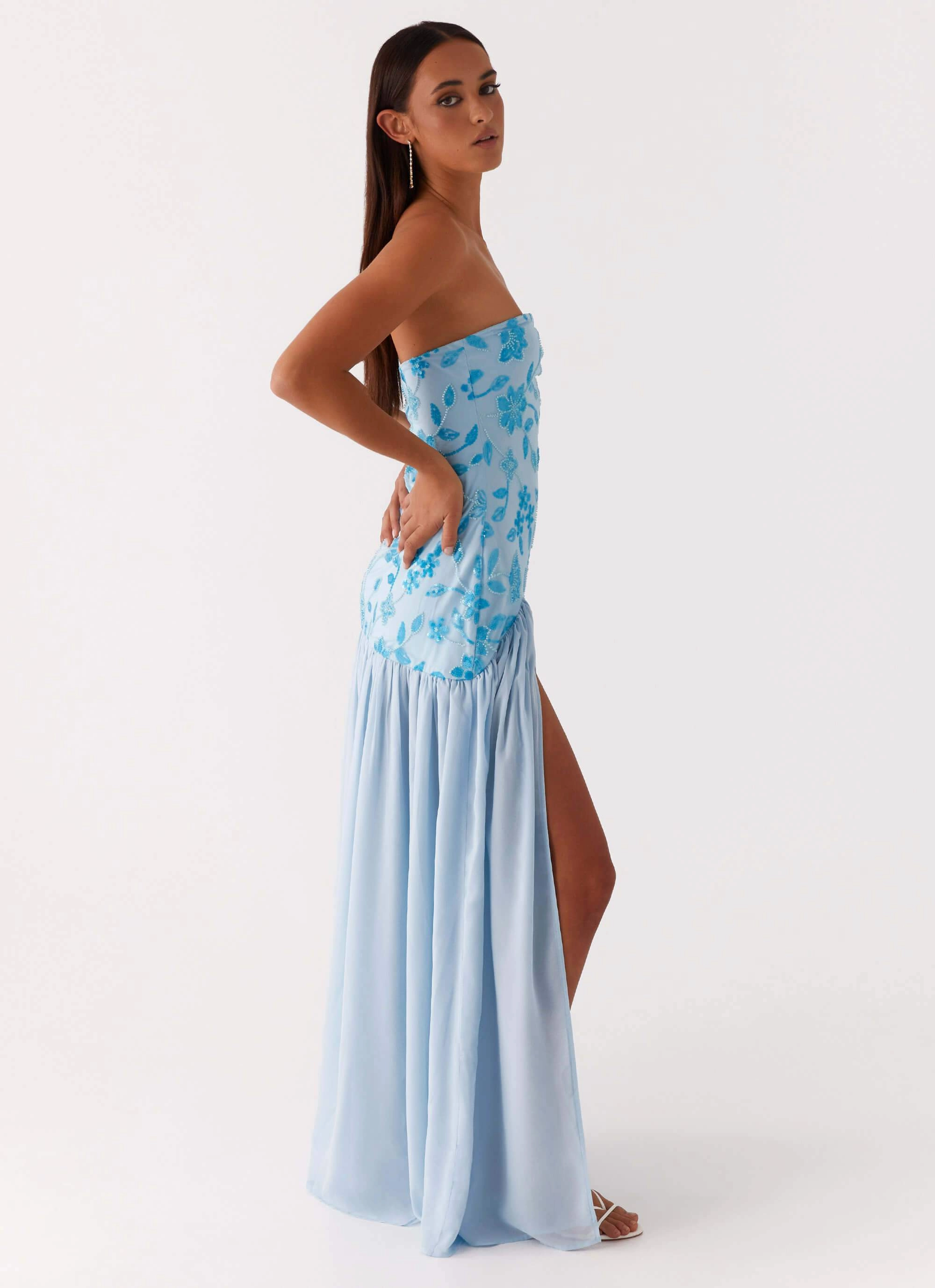 Eden Strapless Beaded Maxi Dress - Blue Joyful Look Fitted Mood