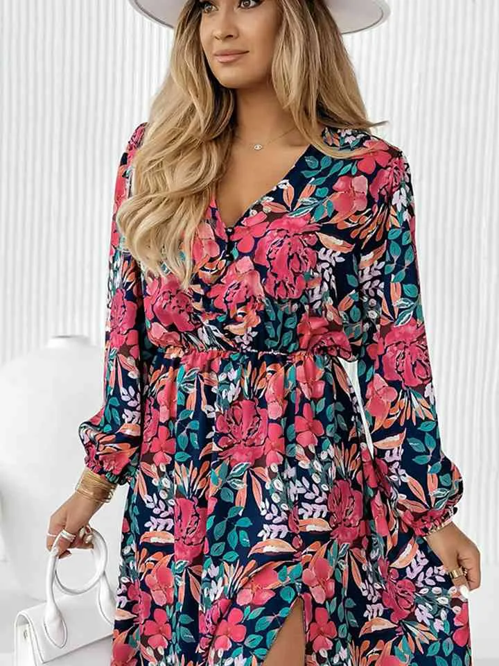 Effective Printed Long Sleeve Slit Dress - Enoch Fashion