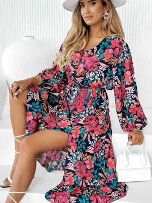 Effective Printed Long Sleeve Slit Dress - Enoch Fashion