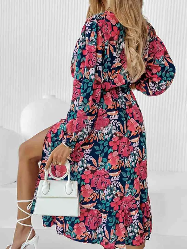 Effective Printed Long Sleeve Slit Dress - Enoch Fashion