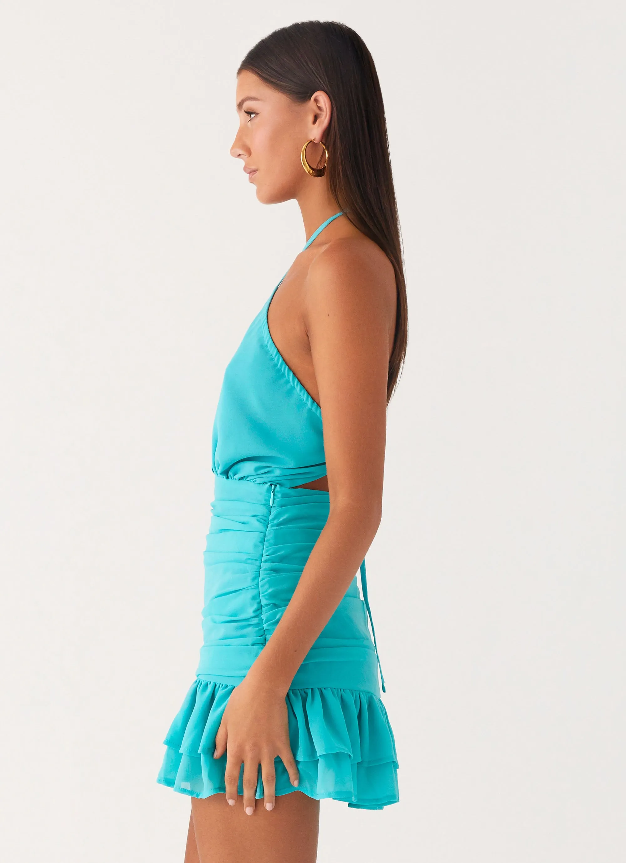 Sweetheart Cut Egoist Crossover Mini Dress - Aqua Blue