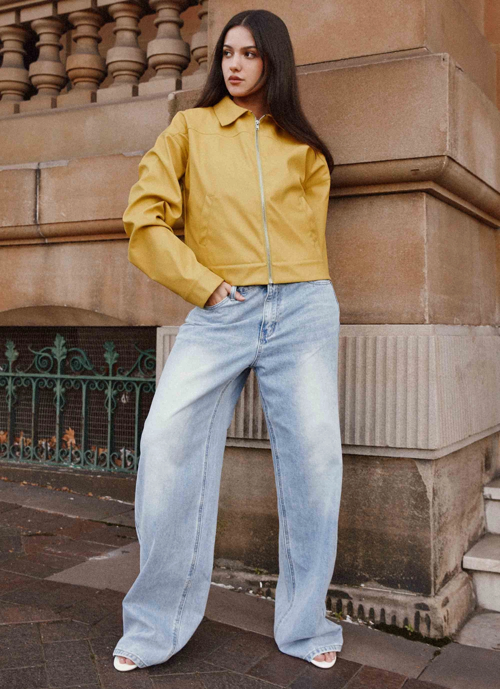 Elara Oversized Jacket - Yellow Flatlock Seam Construction Multi Pocket Functionality