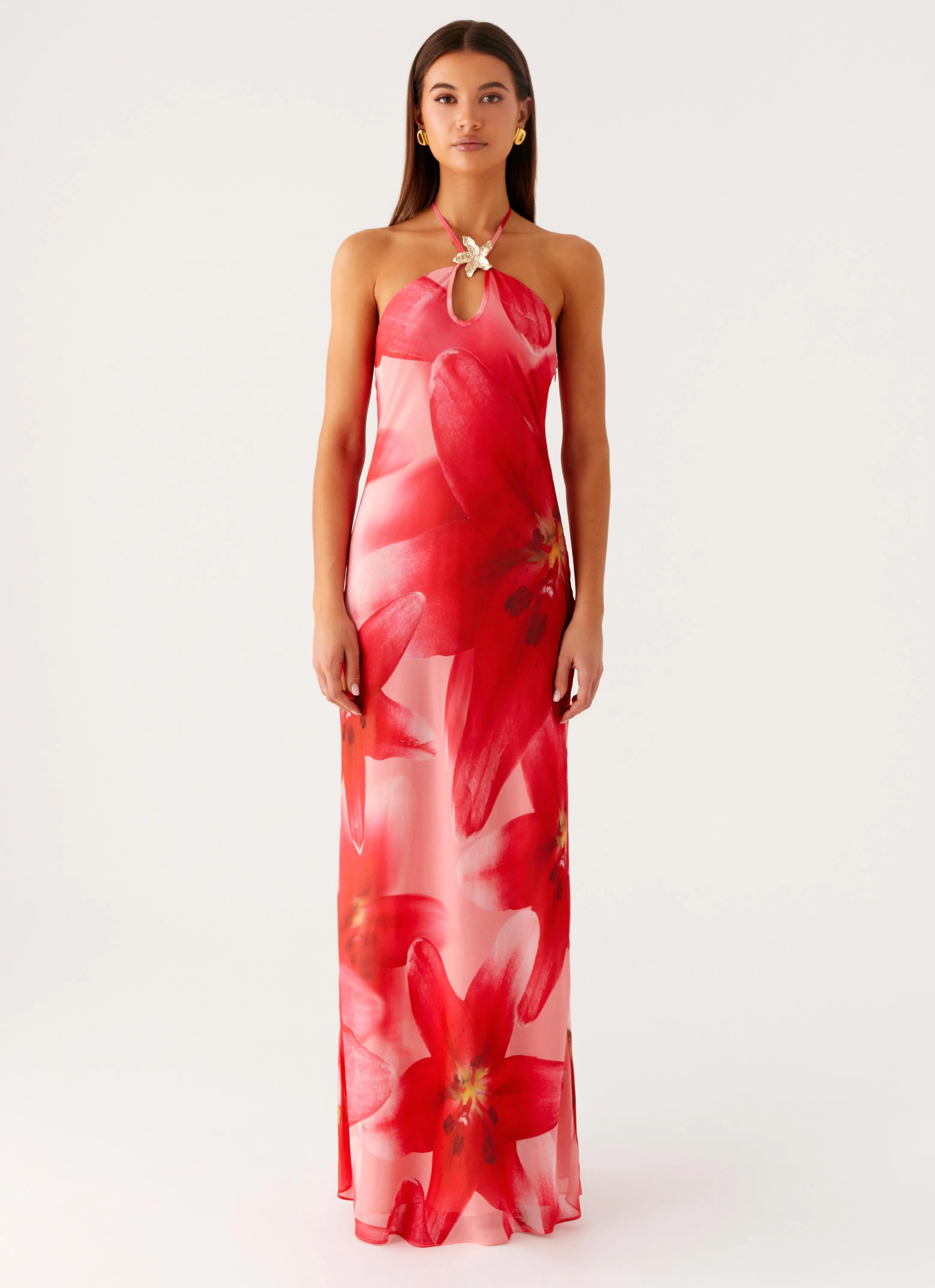 Vatiana Chiffon Maxi Dress - Peach Watermelon Flower Color Soft Sleek Movement