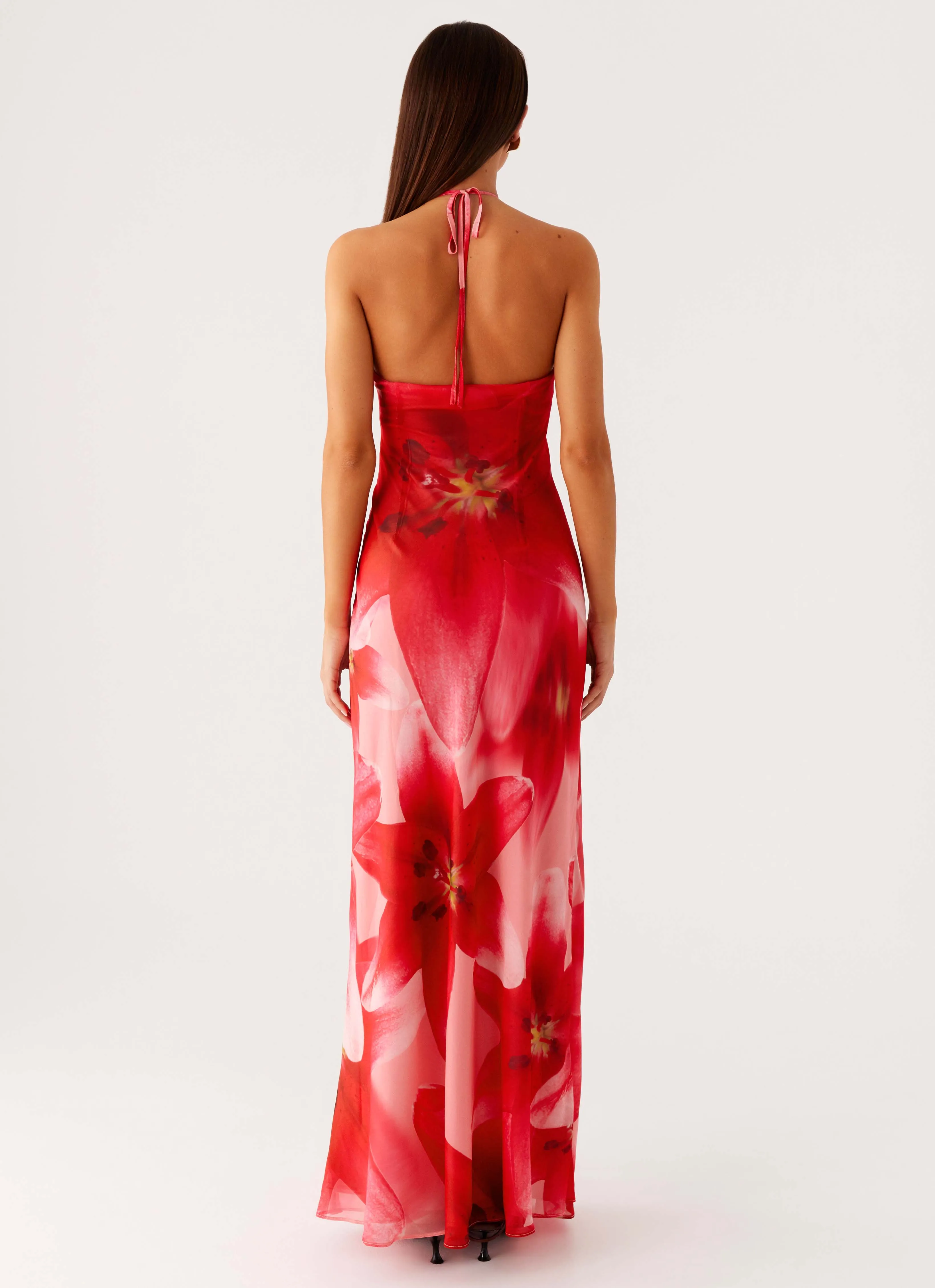 Vatiana Chiffon Maxi Dress - Peach Watermelon Flower Tulle-Overlay Fashionable Layer
