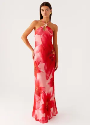 Cozy Wearable Luxe Mood Vatiana Chiffon Maxi Dress - Peach Watermelon Flower