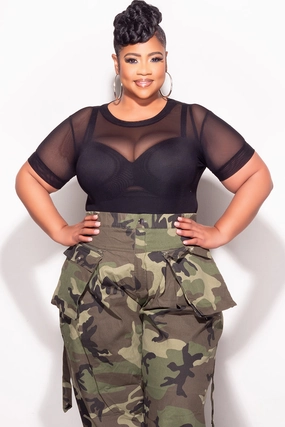 Core Comfort Final Sale Plus Size Mesh Short Sleeve Thong Bodysuit in Black