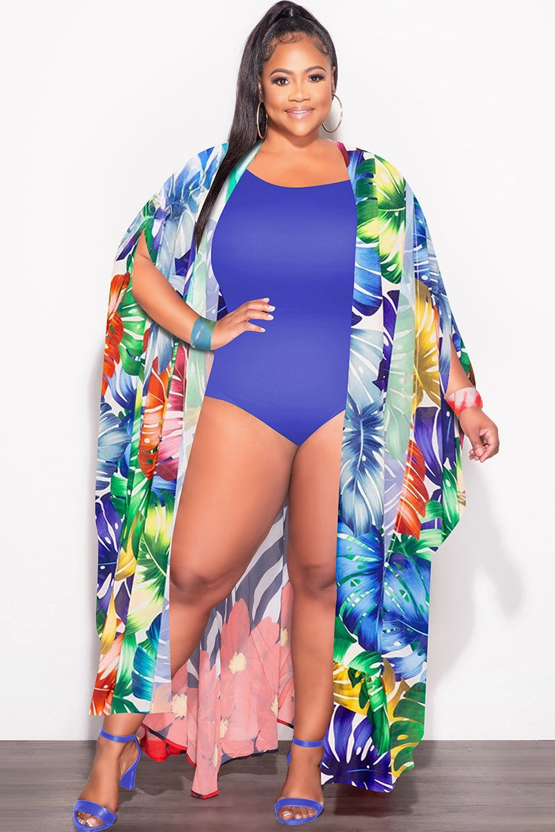 Final Sale Plus Size Chiffon Duster With Wrist Cuff in Multi-Color Palm Print StaticDissipativeFabric