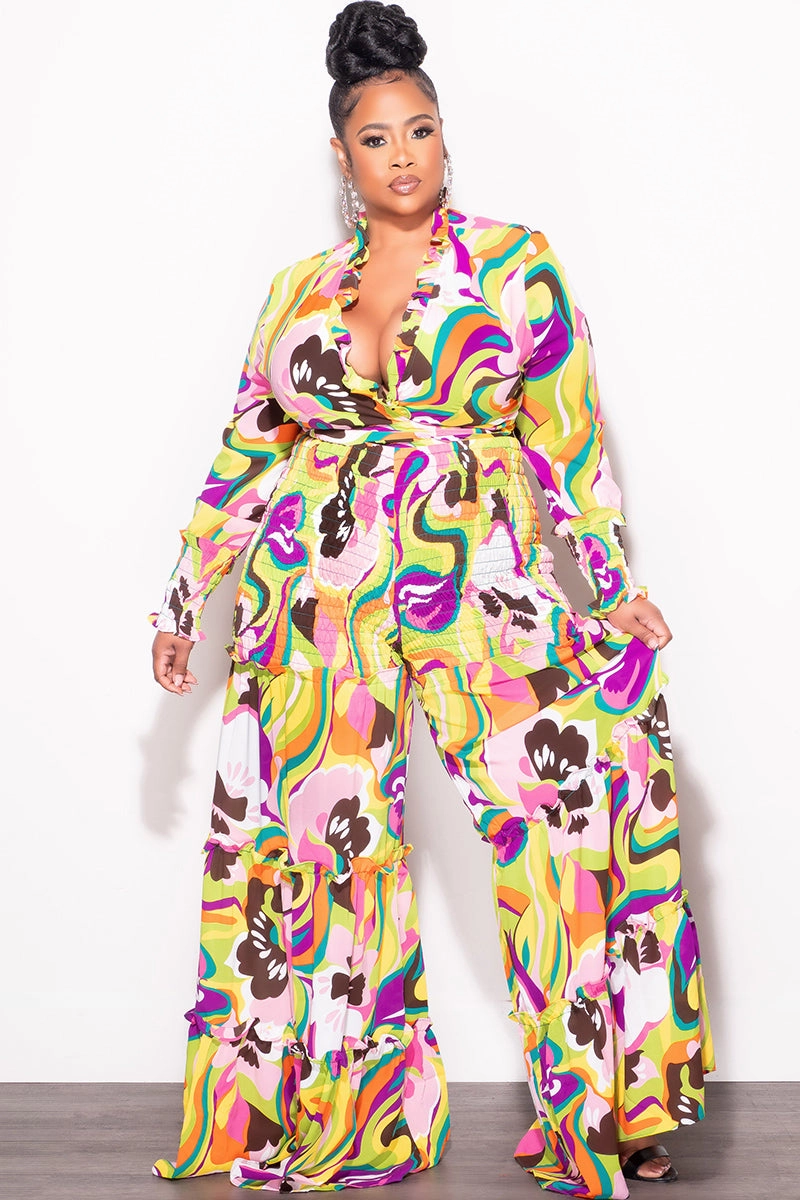 No Tag Quick Layer Final Sale Size 2pc Chiffon Crop Tie Top and Frill Pants Set in Multi Color Print