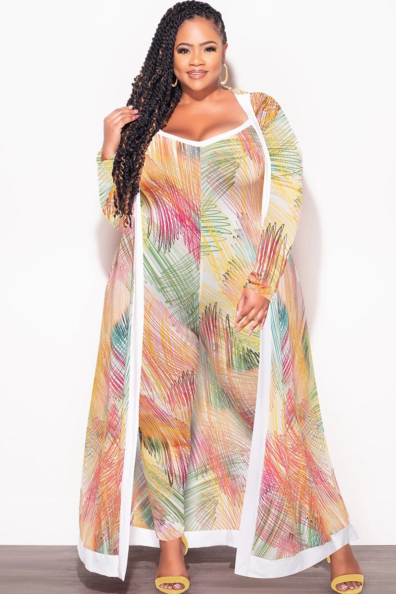 Durable Design Functional Waist Final Sale Plus Size 2pc Duster & Spaghetti Strap Jumpsuit Set in Multi Color Print