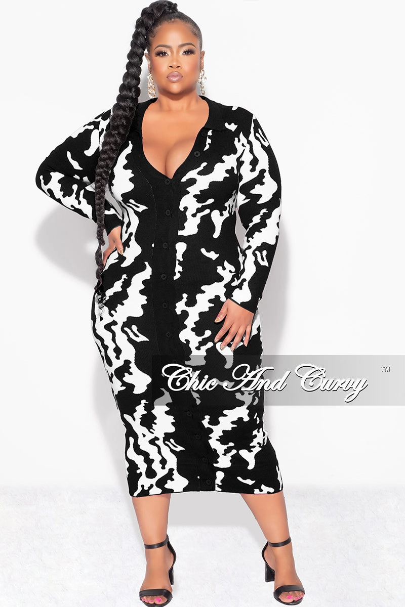 Final Sale Plus Size Button Up Midi Sweater Dress in Black and Off White Design Print Stretchable Fit