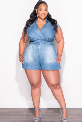 Final Sale Plus Size Collar Faux Wrap Zip Up Romper in Denim Casual Look Stretchable