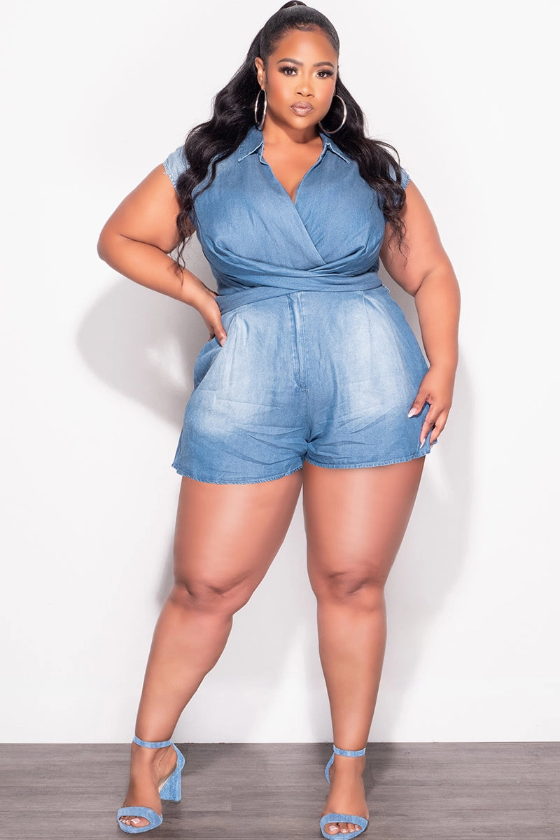 Vintage Wash Final Sale Plus Size Collar Faux Wrap Zip Up Romper in Denim