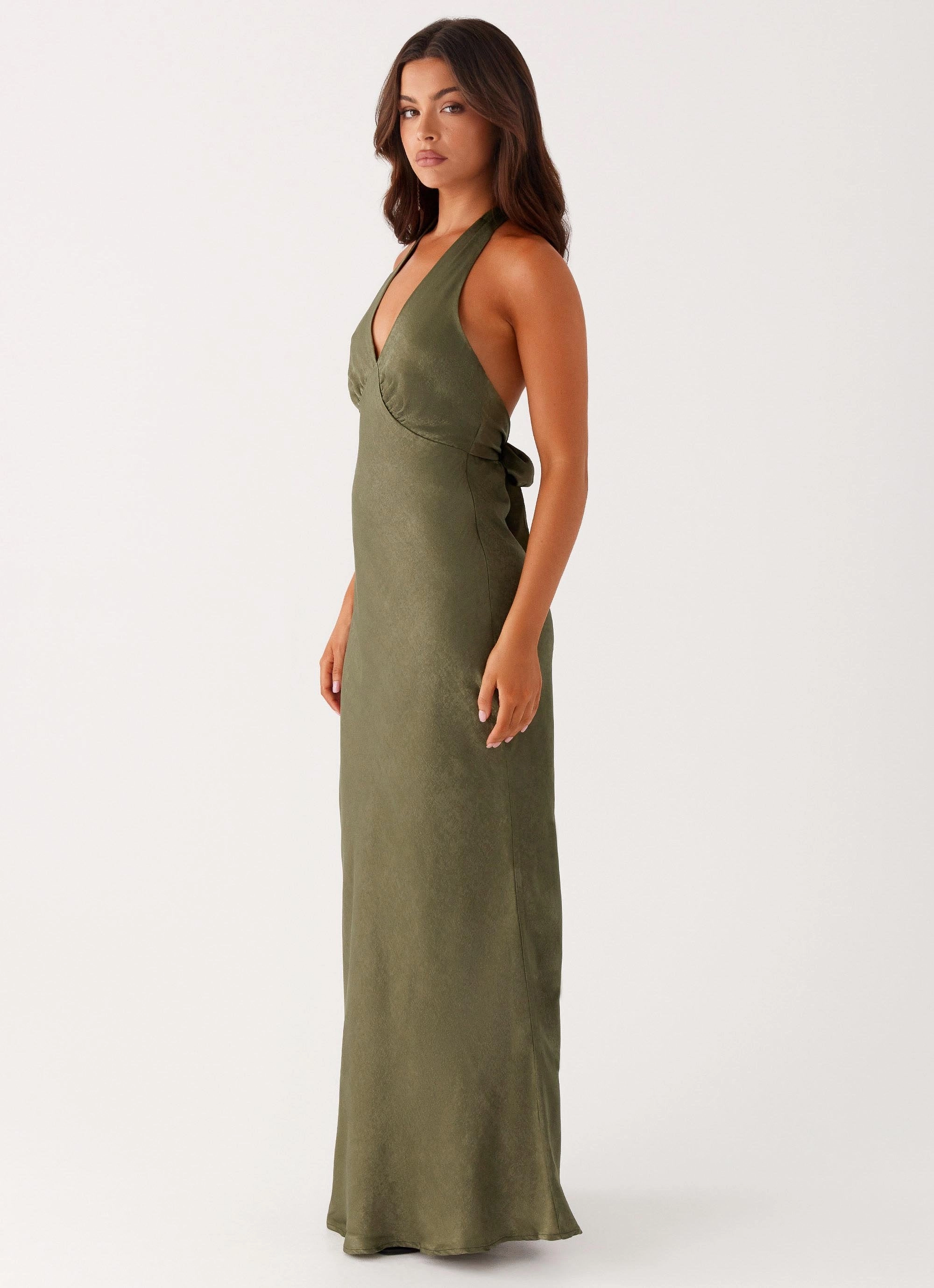 Heavy Hearted Satin Maxi Dress - Khaki Layered Form