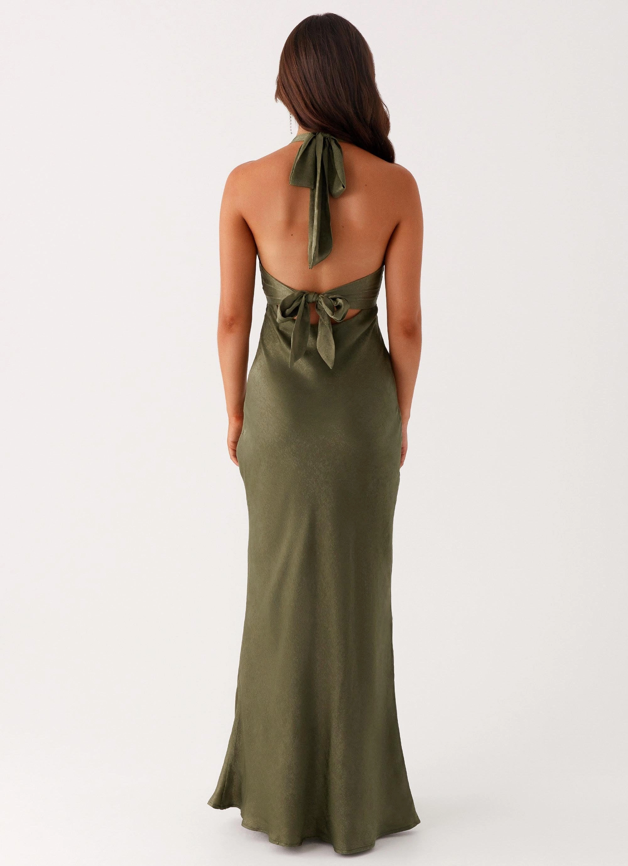 Button Accent Heavy Hearted Satin Maxi Dress - Khaki