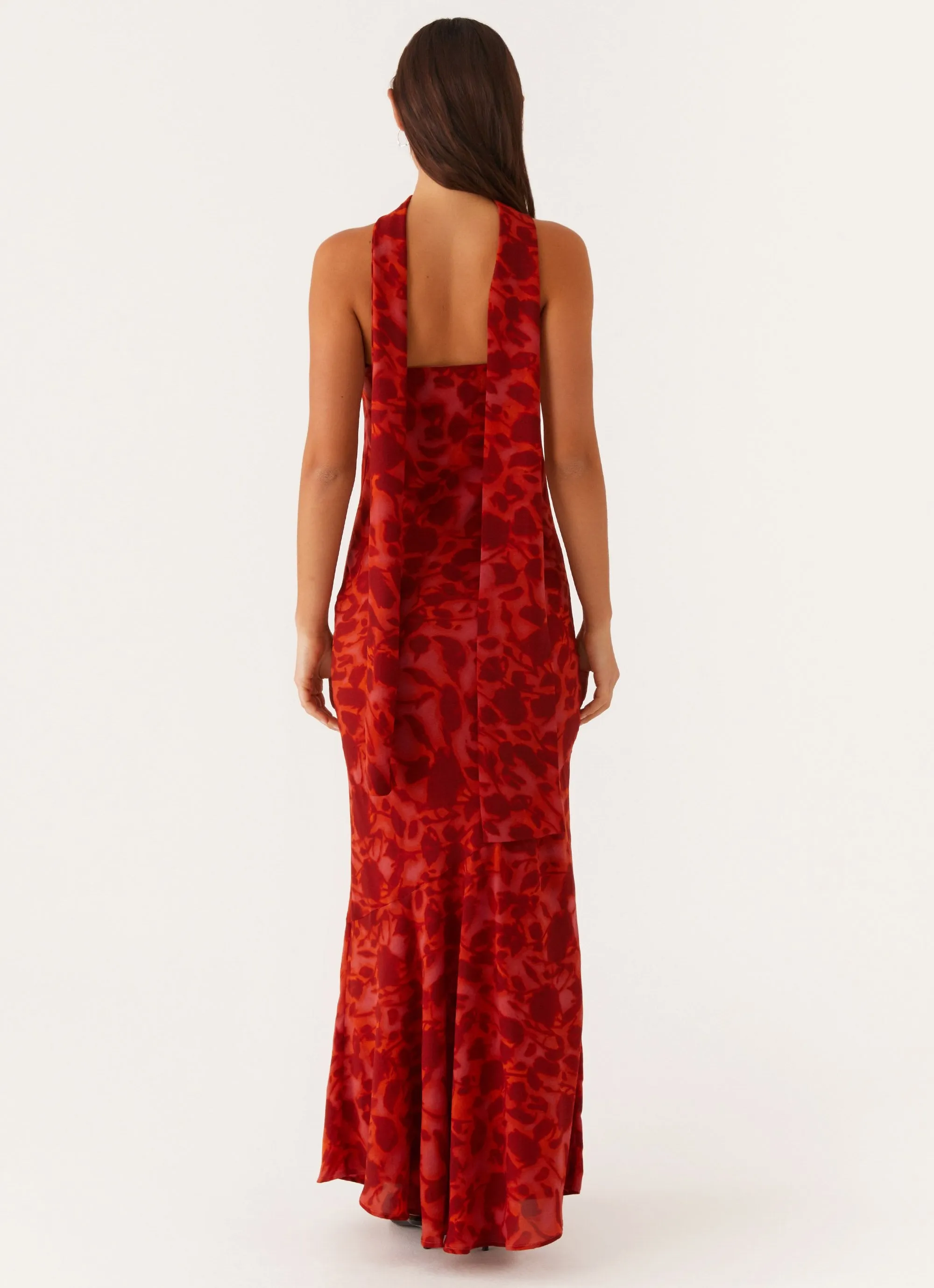 Under The Pagoda Maxi Dress - Deep Red Floral Back Detail