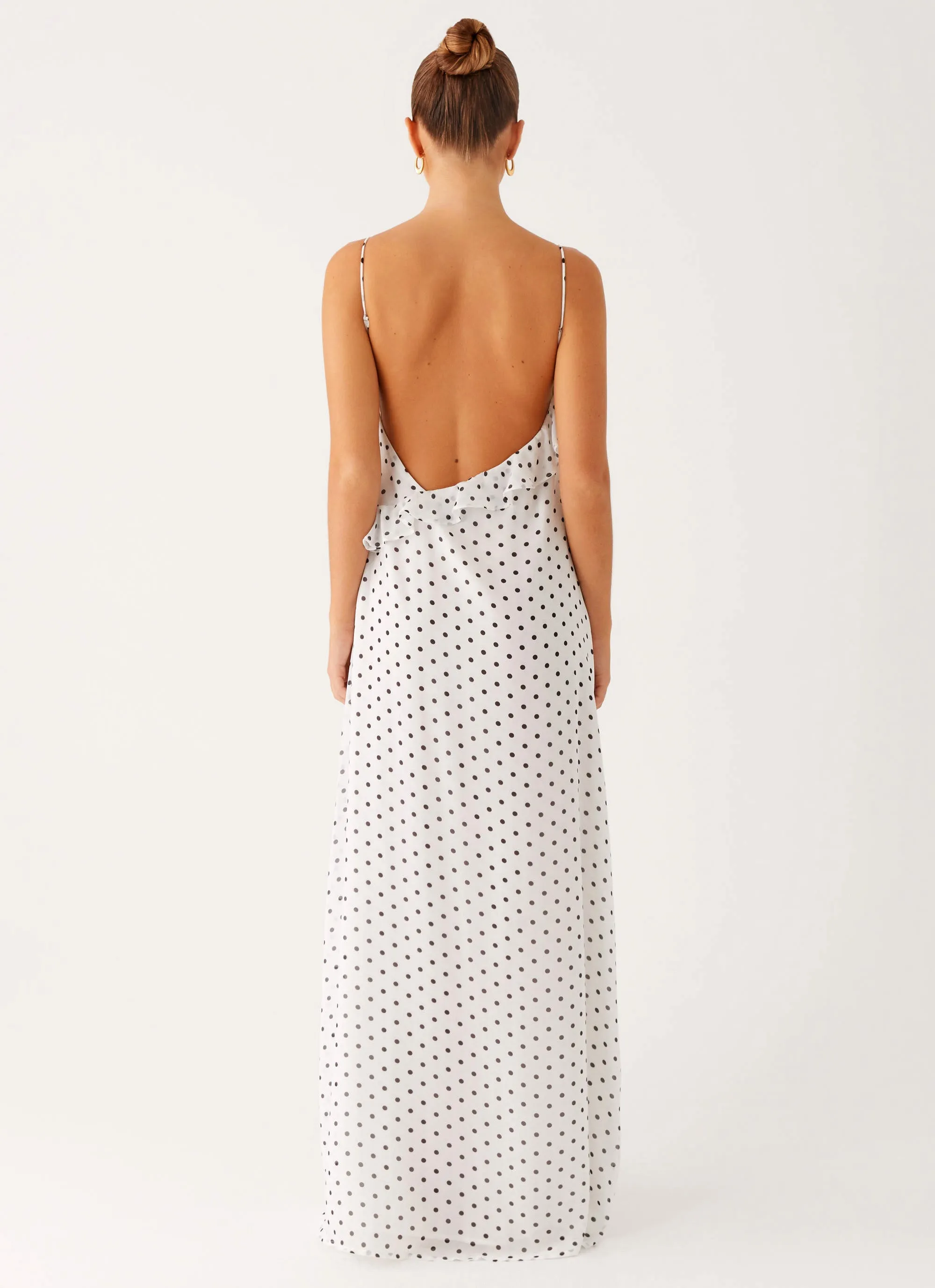 Harri Maxi Dress - White Polka Dot Tiered Skirt Office Glam