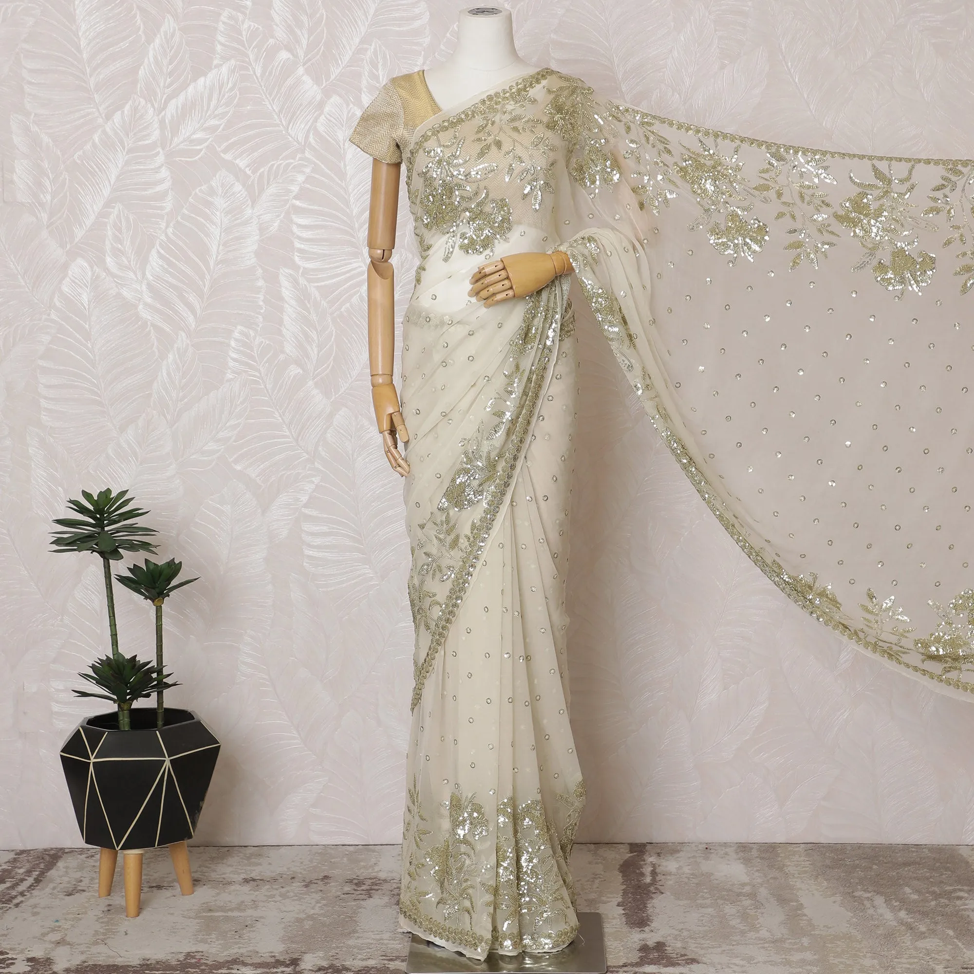 Elegant Ivory Silk Chiffon Saree with Gold Embroidery,110 cm Width, 5.5 Meters Piece-D19475