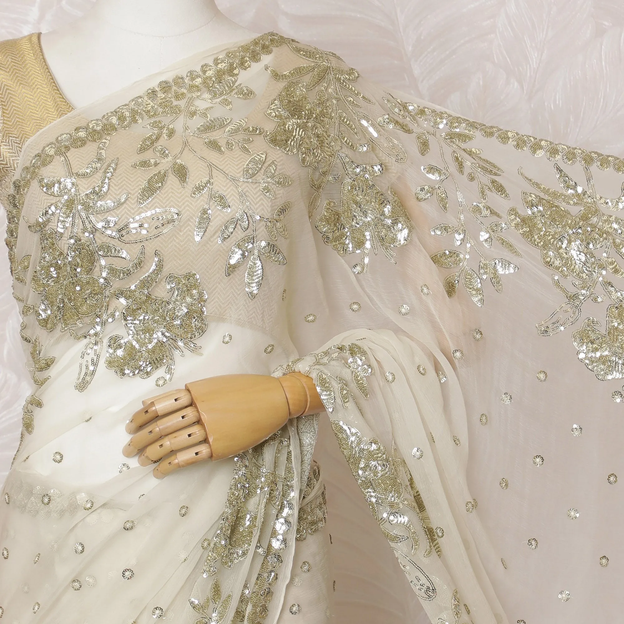 Elegant Ivory Silk Chiffon Saree with Gold Embroidery,110 cm Width, 5.5 Meters Piece-D19475