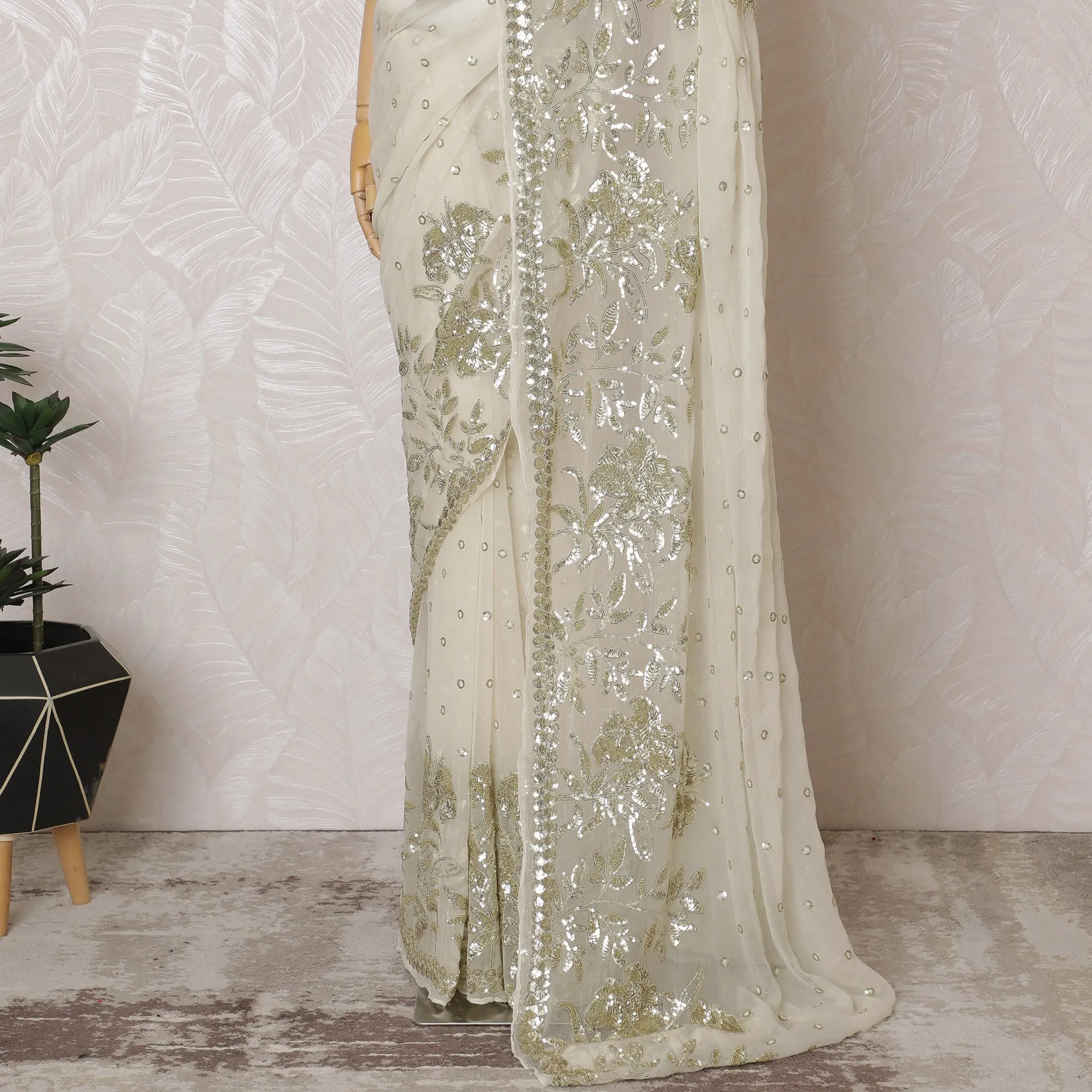 Elegant Ivory Silk Chiffon Saree with Gold Embroidery,110 cm Width, 5.5 Meters Piece-D19475