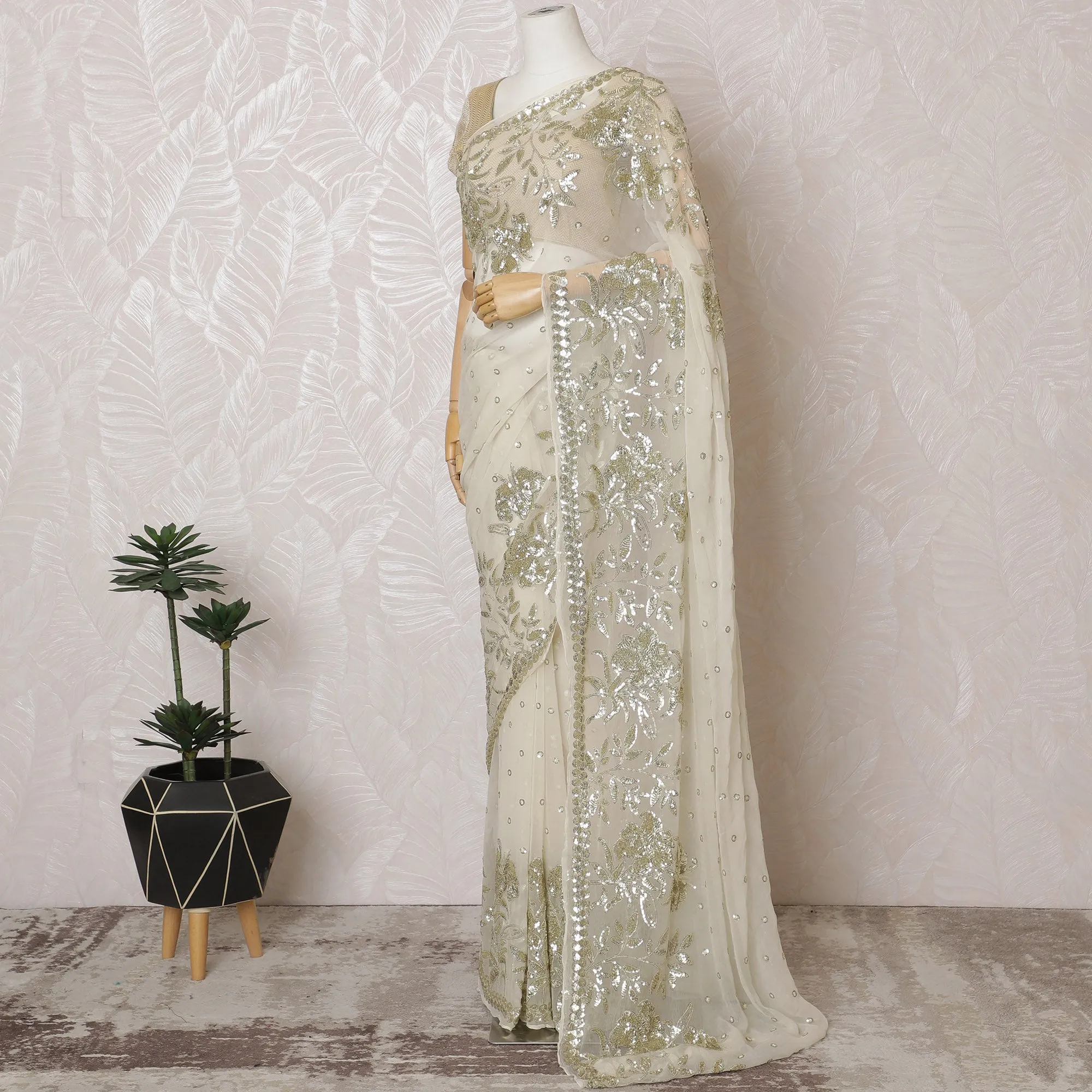 Elegant Ivory Silk Chiffon Saree with Gold Embroidery,110 cm Width, 5.5 Meters Piece-D19475