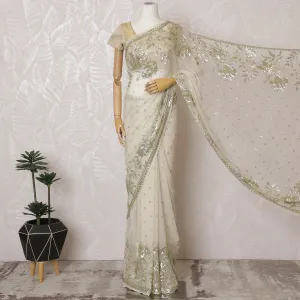 Elegant Ivory Silk Chiffon Saree with Gold Embroidery,110 cm Width, 5.5 Meters Piece-D19475