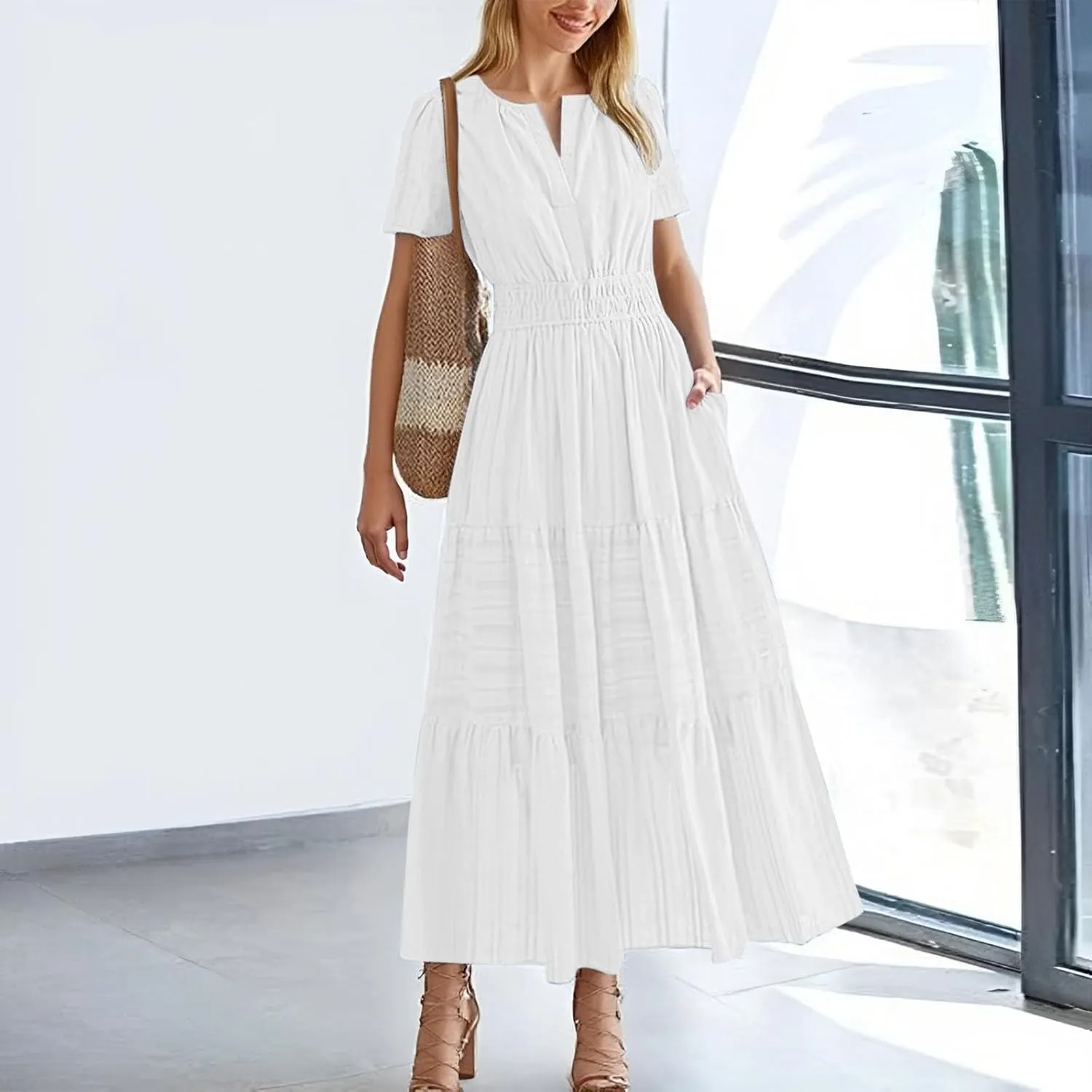 Elegant Tshirt Dresses for Women Smocked Short Sleeve V Neck Tiered Flowy Maxi Dress Back to School Outfits for Girls