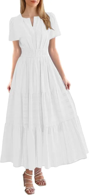 Elegant Tshirt Dresses for Women Smocked Short Sleeve V Neck Tiered Flowy Maxi Dress Back to School Outfits for Girls