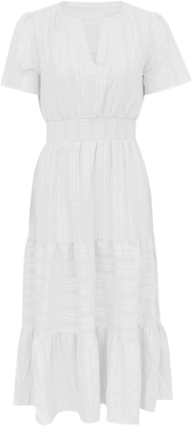 Elegant Tshirt Dresses for Women Smocked Short Sleeve V Neck Tiered Flowy Maxi Dress Back to School Outfits for Girls