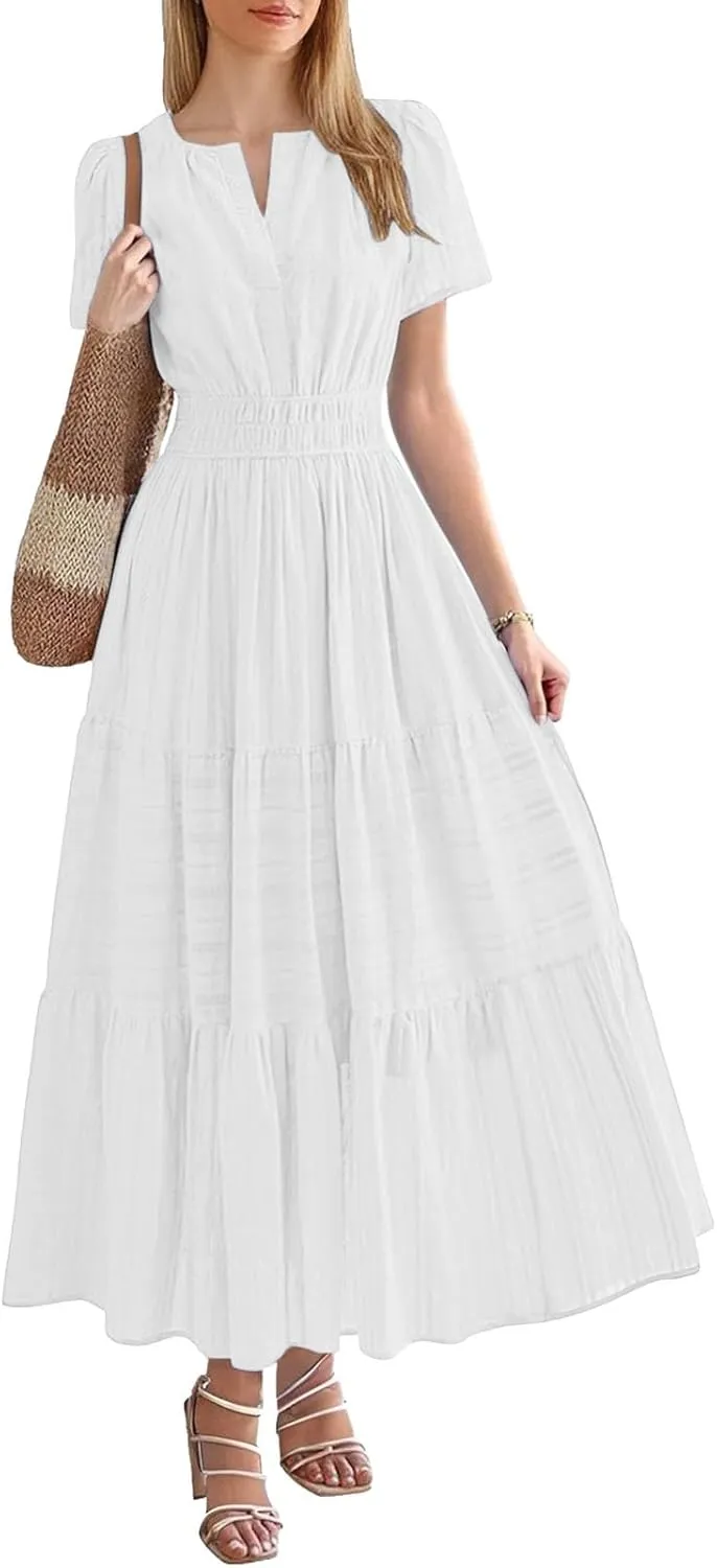 Elegant Tshirt Dresses for Women Smocked Short Sleeve V Neck Tiered Flowy Maxi Dress Back to School Outfits for Girls