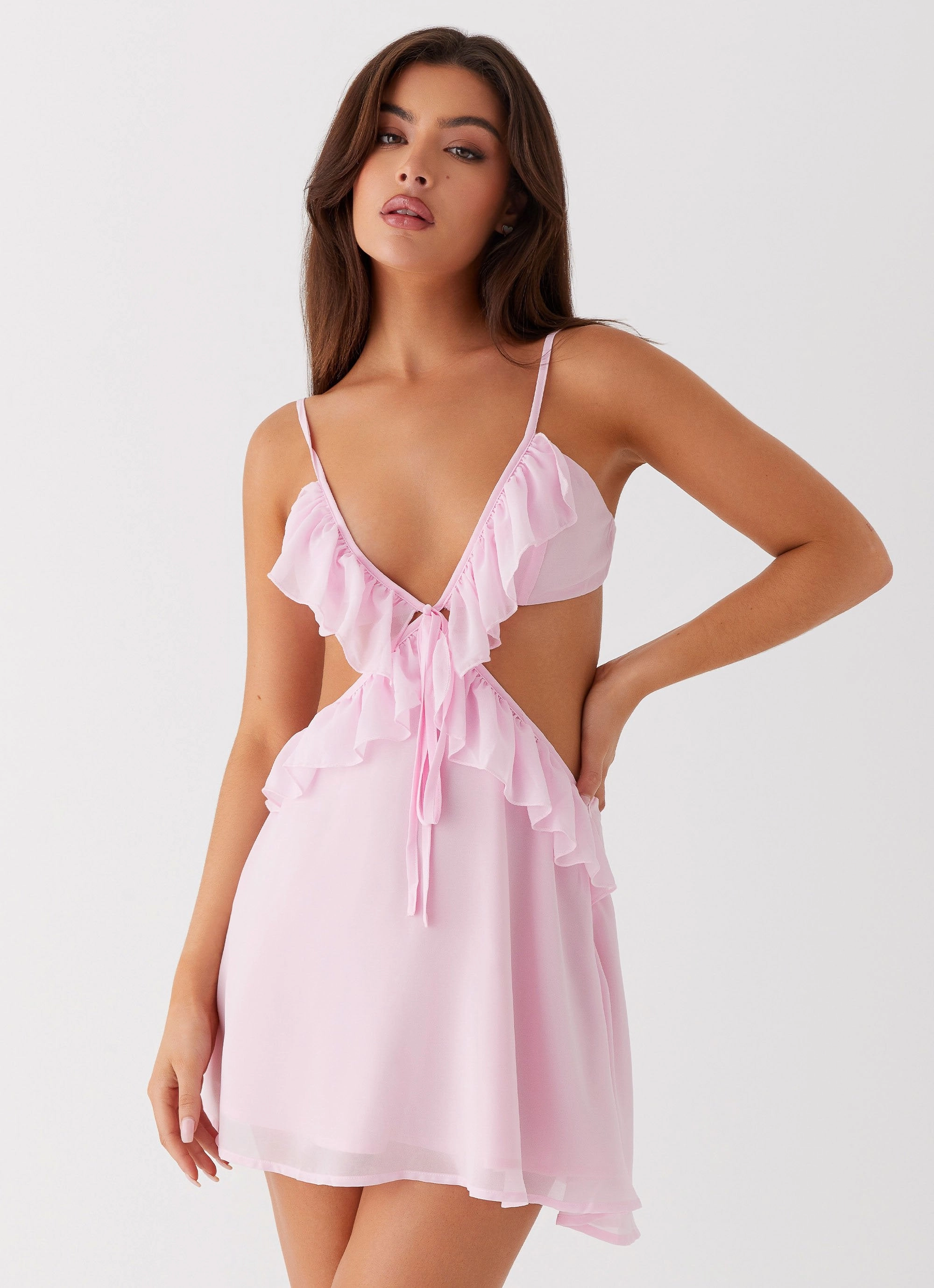 Polly Ruffle Mini Dress - Pink Perfectly Fitted Crisp Look