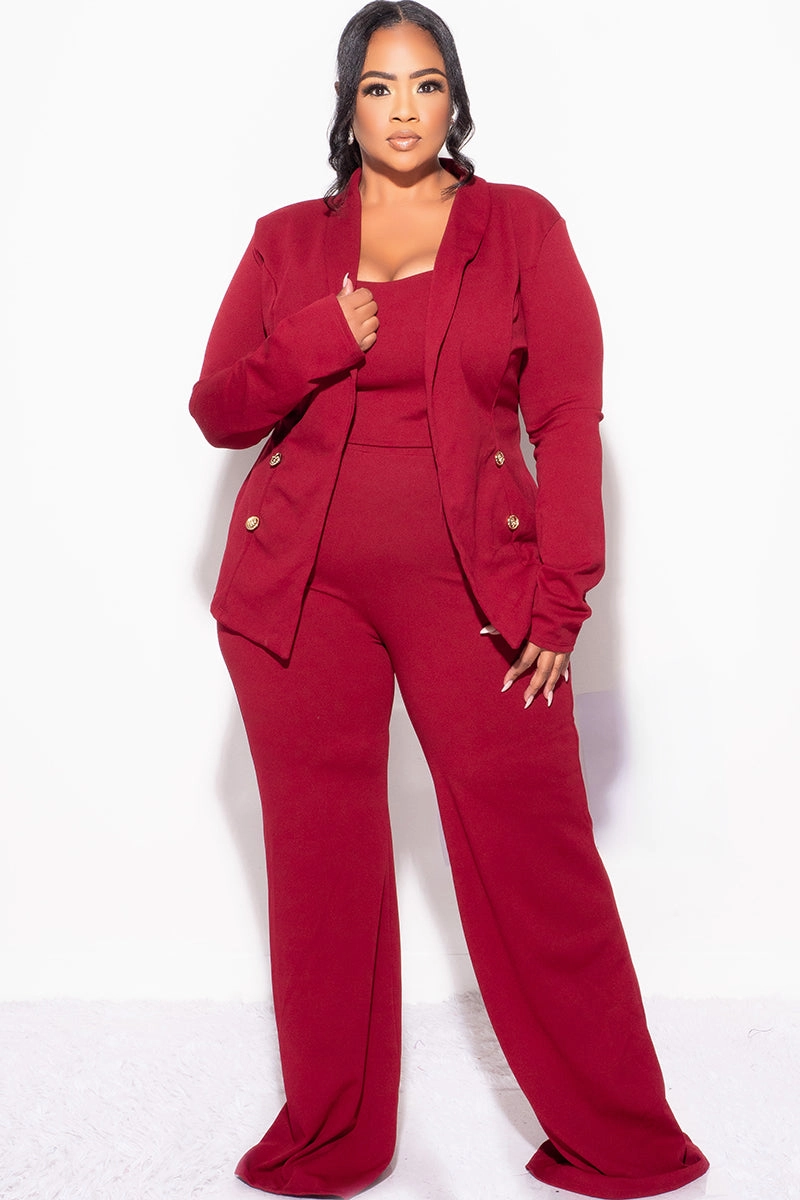 Packable design Final Sale Plus Size 3pc Blazer Top and Pants Set in Burgundy