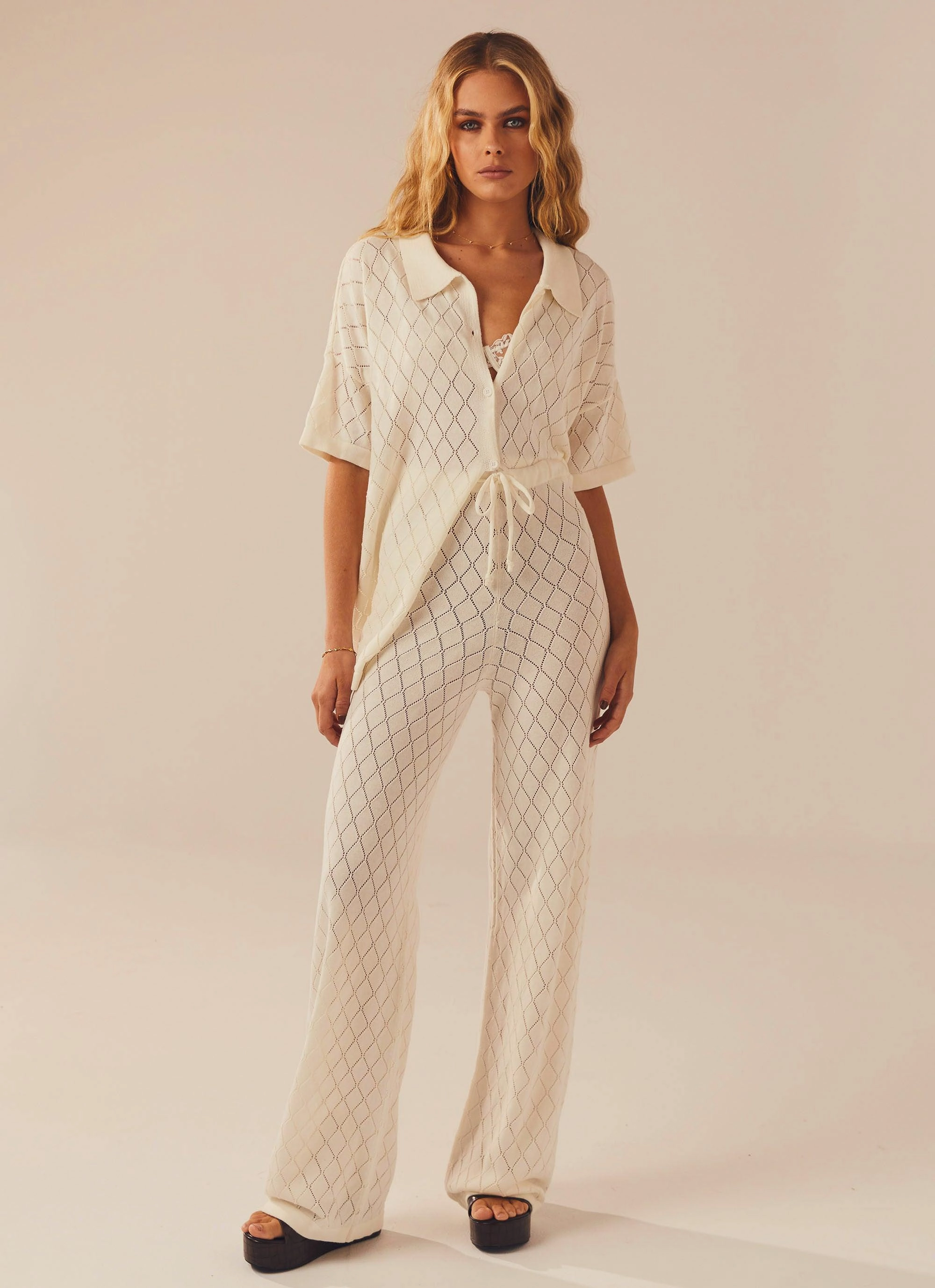 Hypoallergenic Textile Soft Fleece Jaded Knit Pants - White Sand
