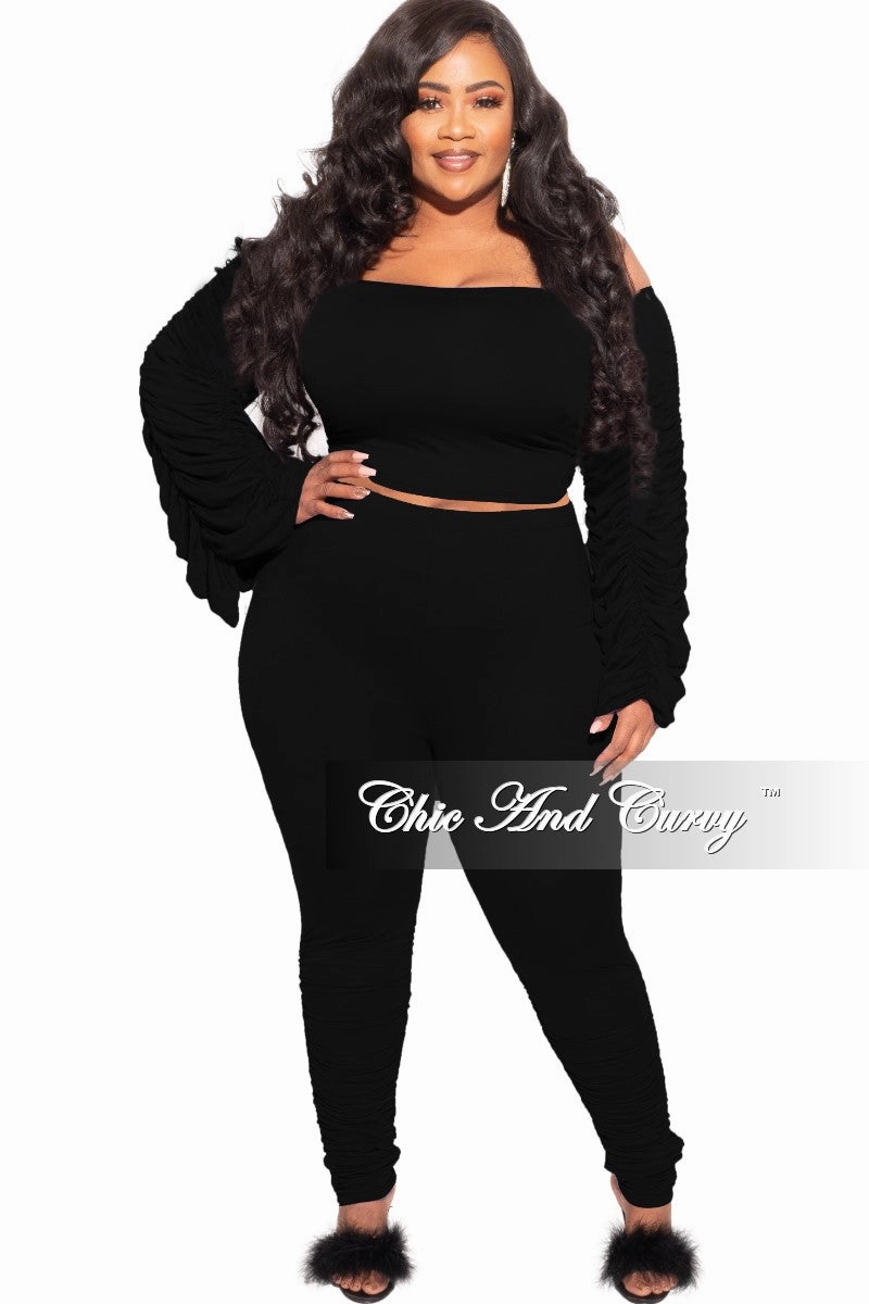 Casual Stretch Wear Final Sale Plus Size 2-Piece Set Ruched Top and Pants Set in Black