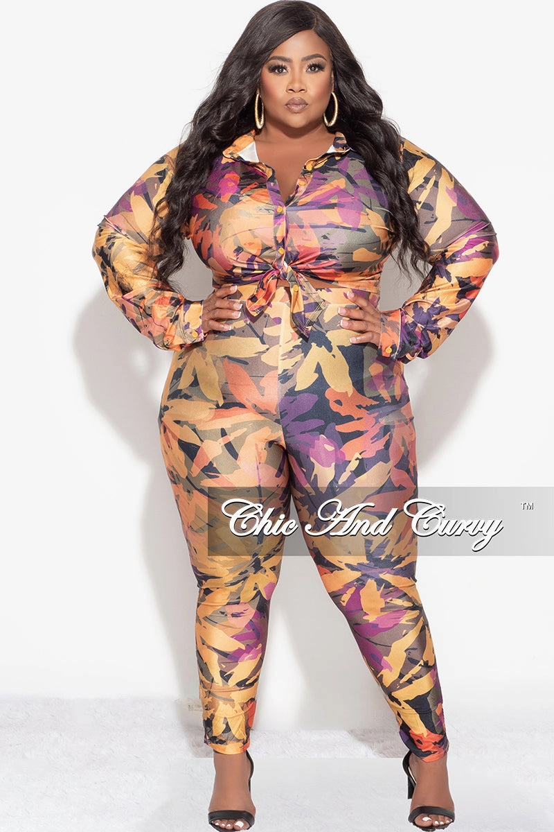 Final Sale Plus Size 2pc Button Up Collar Top and Pants Set in Mustard Multi Color Design Print Chilly Day Wear Core Fit Design