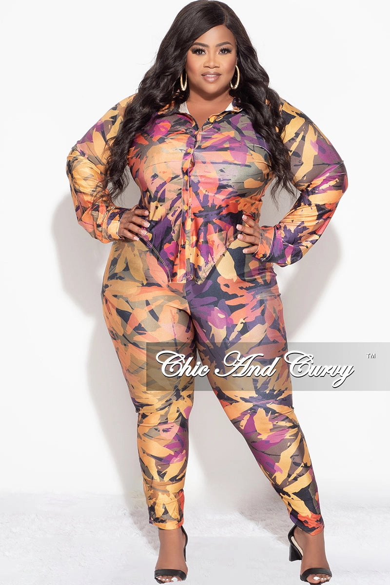 Final Sale Plus Size 2pc Button Up Collar Top and Pants Set in Mustard Multi Color Design Print Heat Control ThermalRegulation
