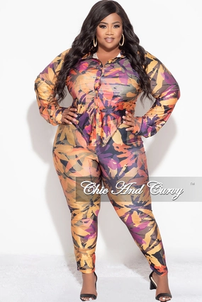Final Sale Plus Size 2pc Button Up Collar Top and Pants Set in Mustard Multi Color Design Print Heat Control ThermalRegulation