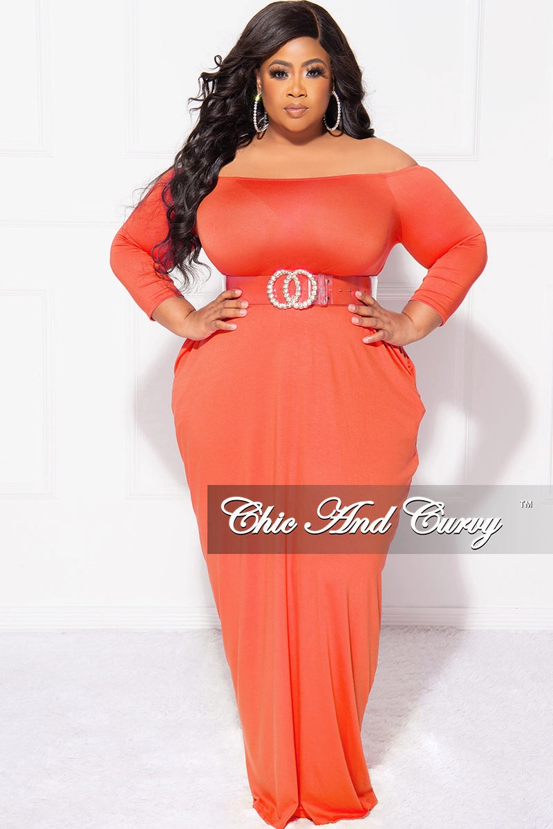 Final Sale Plus Size Off the Shoulder Maxi Dress in Orange Flattering Cut No Ride Up
