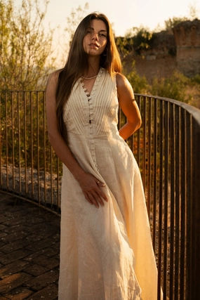 Rebecca 18 | Pleated Maxi Linen Dress Work Comfort