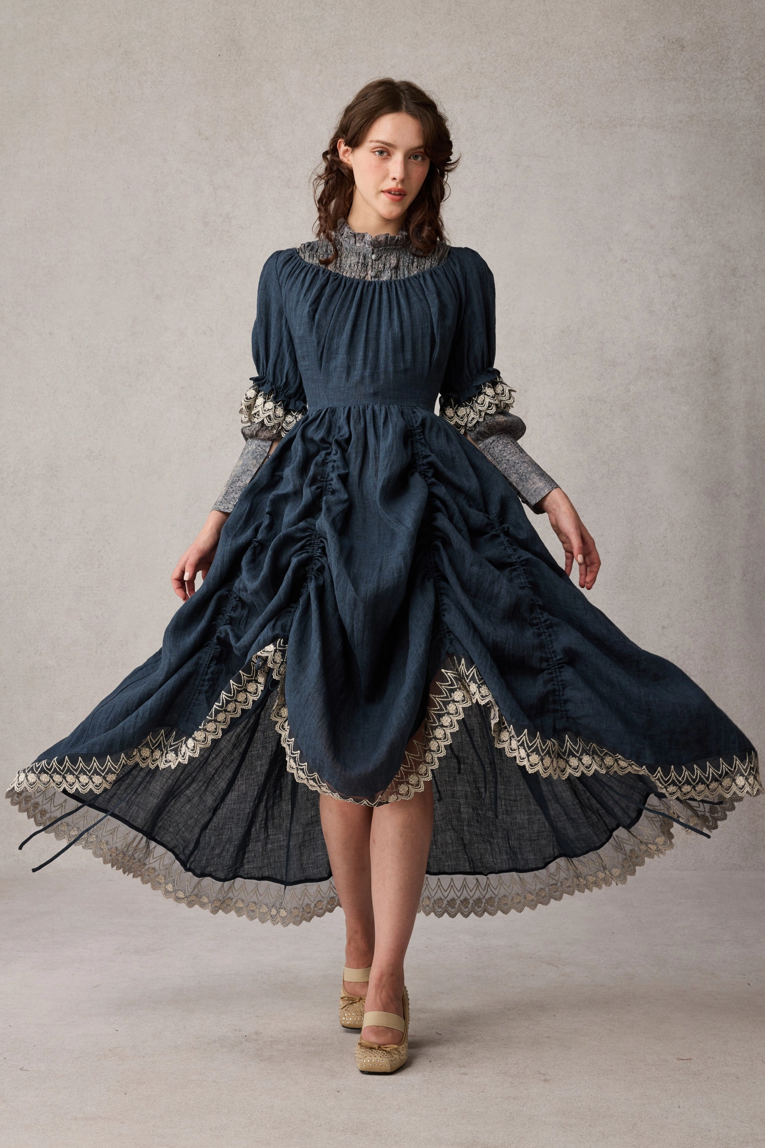 Elowen 27 | Lace Linen dress gown ( 2 way to wear ) BreathableMeshPanels Loose Blouse