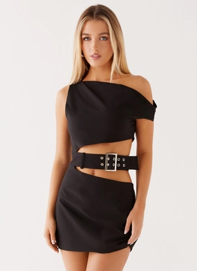 Elvira Belt Mini Dress - Black Solid-color Shape Hug