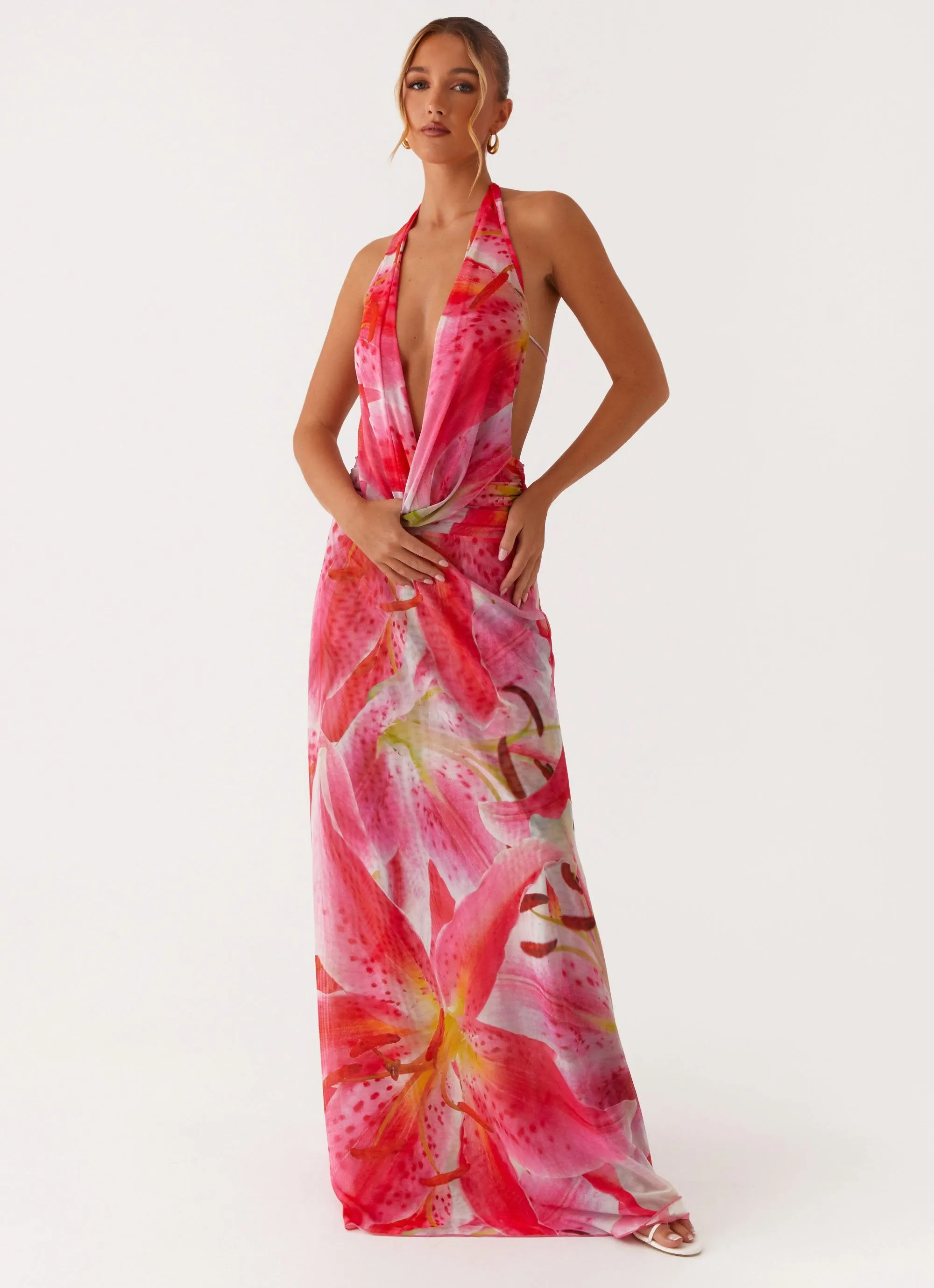 Elysia Mesh Maxi Dress - White Pink Lilly Fall Fashion Seasonal Mood
