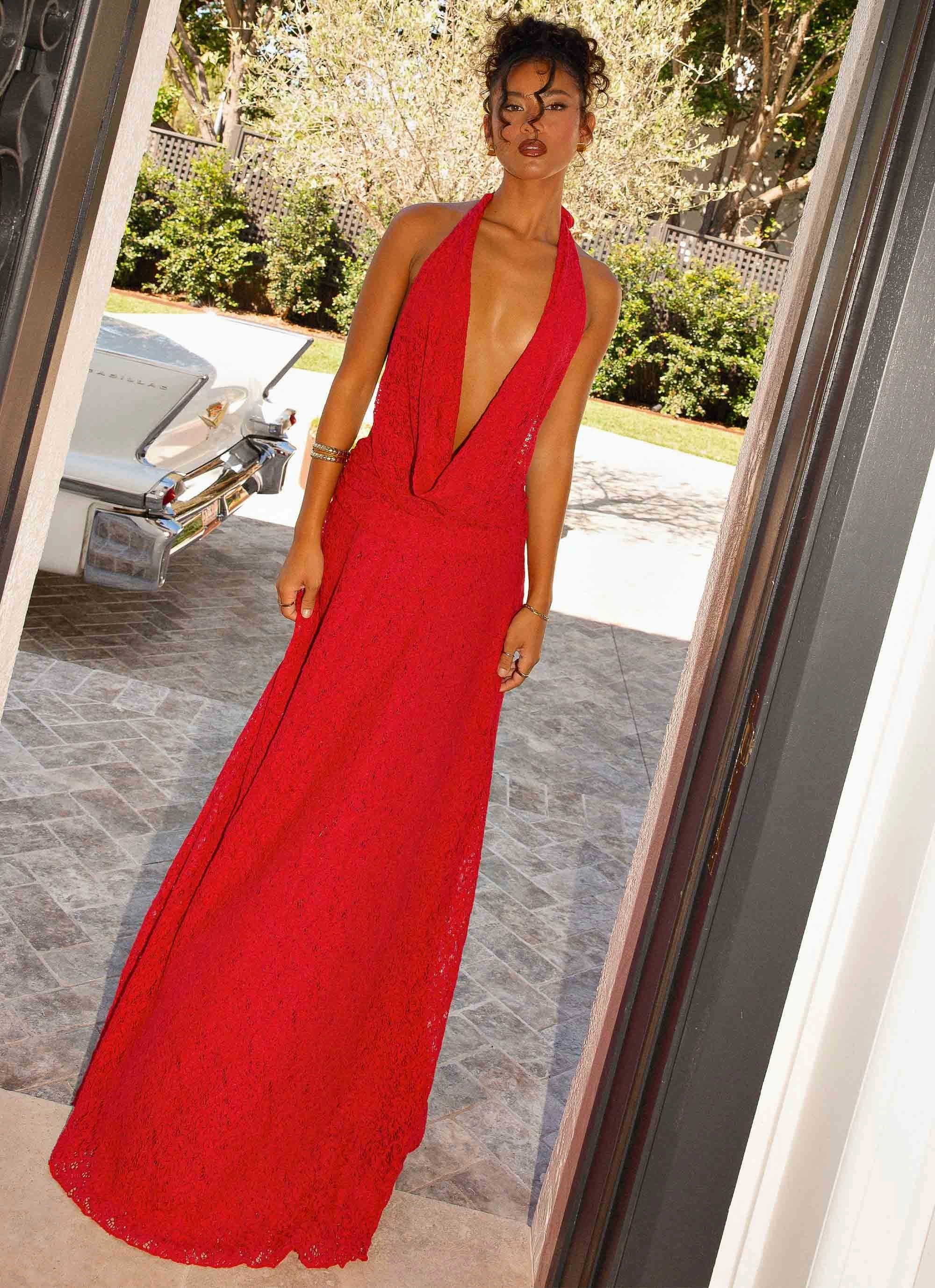 Soft Layering Fashionable Wear Elysia Lace Maxi Dress - Red