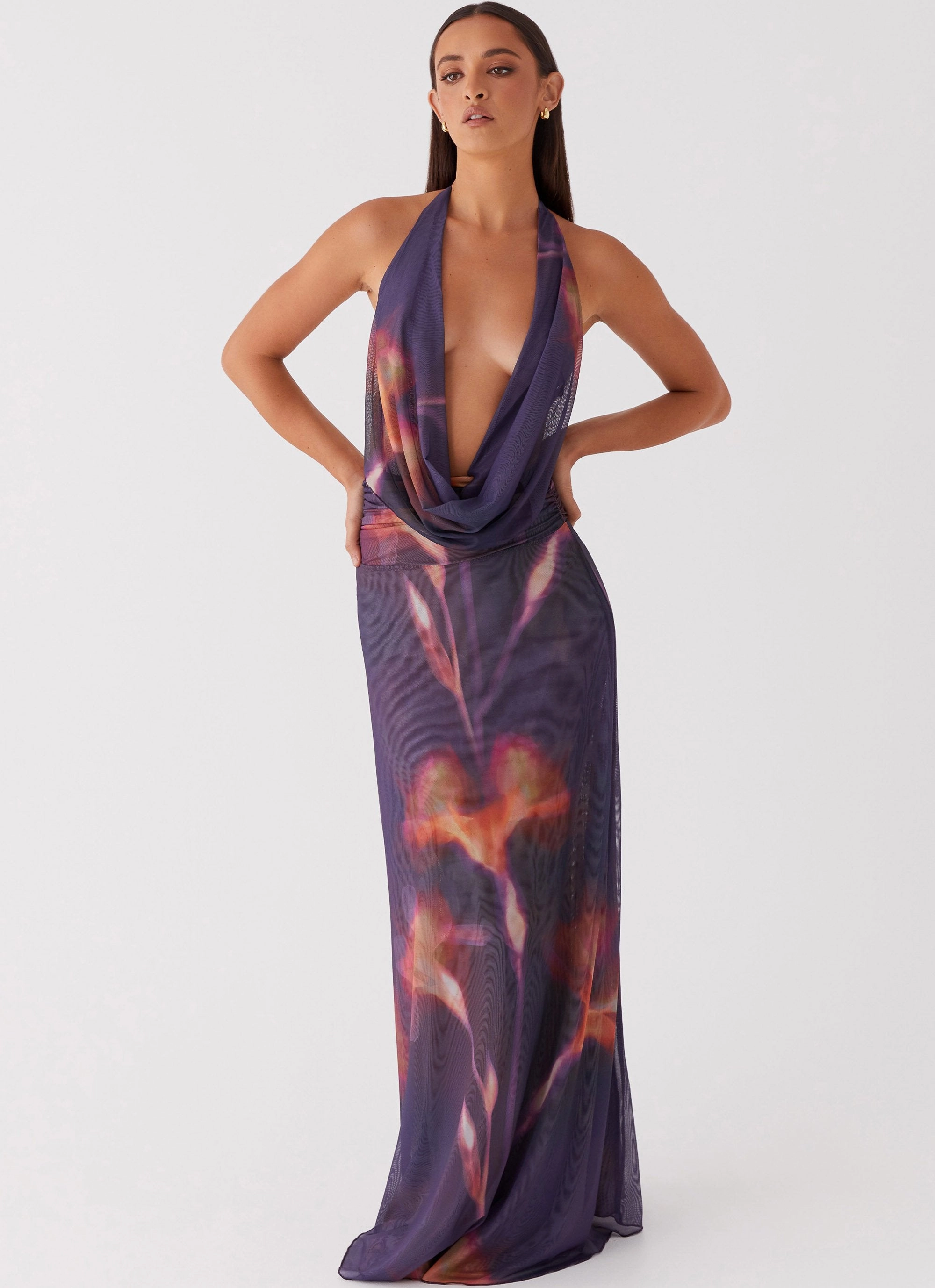 Elysia Mesh Maxi Dress - Midnight Bloom Texture Edge