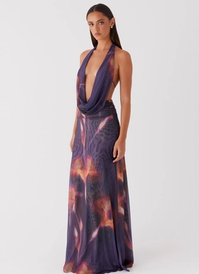 Layer Ready Body Fit Elysia Mesh Maxi Dress - Midnight Bloom