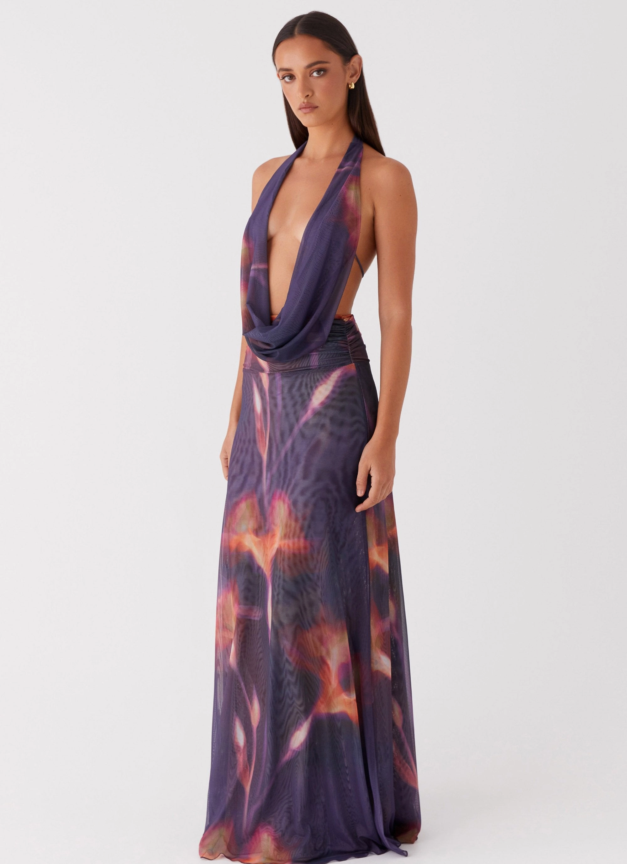 Layer Ready Body Fit Elysia Mesh Maxi Dress - Midnight Bloom